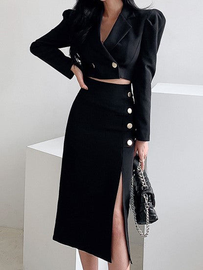 Premium Crop Blazer Coat With Fork Pencil Black Skirt Set - Ships in 24 Hrs