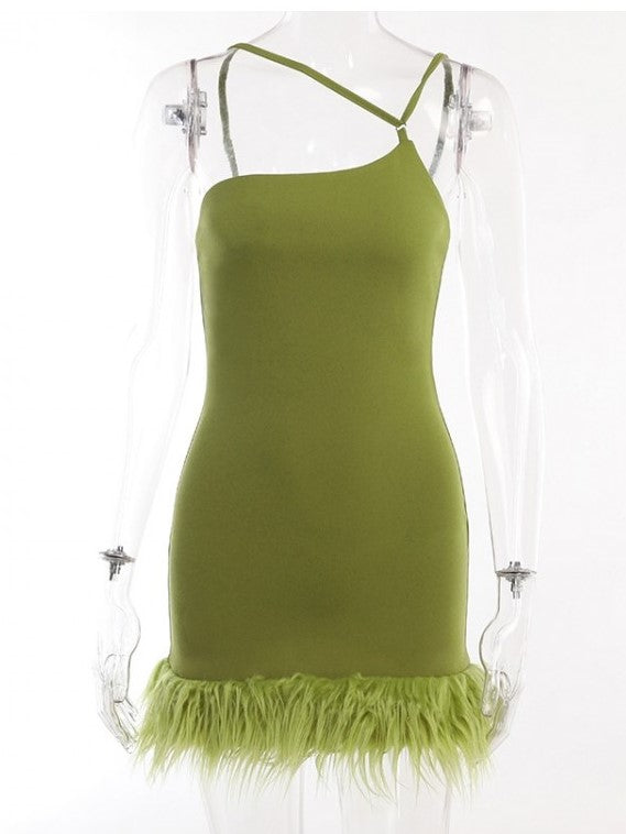 Sexy Backless Feather Decor Green Mini Dress