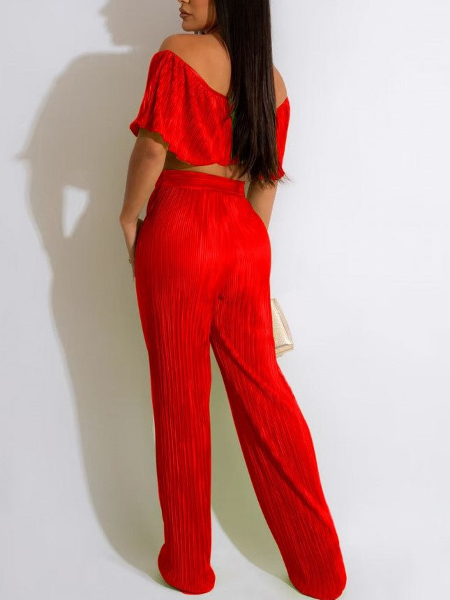 Smart Crop Top With Trouser Red Set