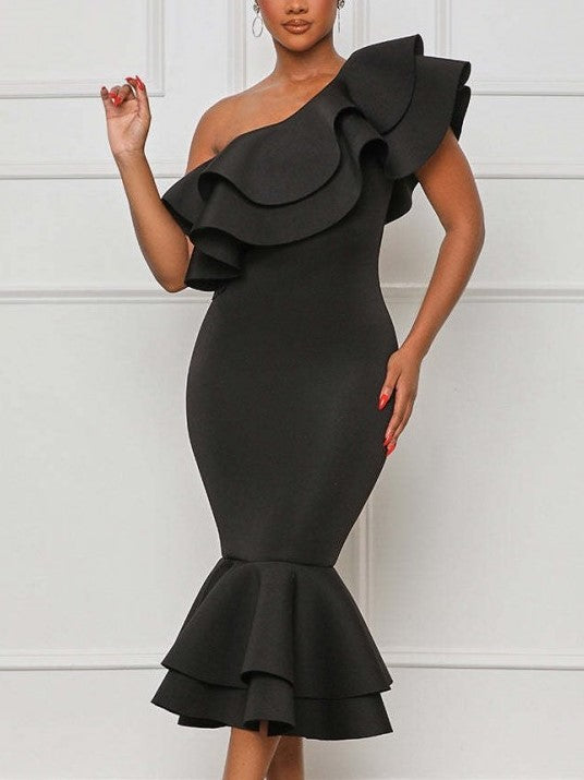 Stylish Ruffled Fishtail Sleeveless Evening Black Dress – Stylesplash