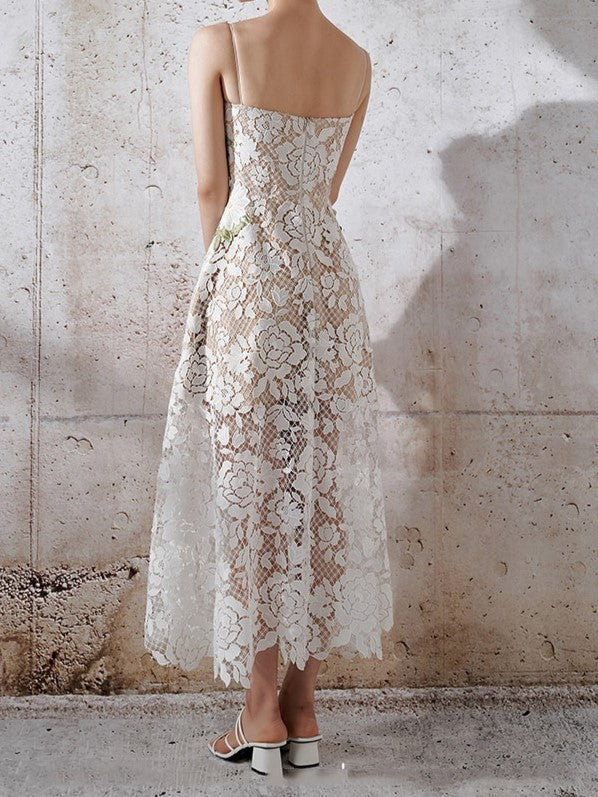 Sweet Crocheted Lace White Long Dress