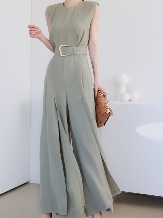 Ultramod Sleeveless Split Wide Leg Grey Jumpsuit - Ships in 24 Hrs