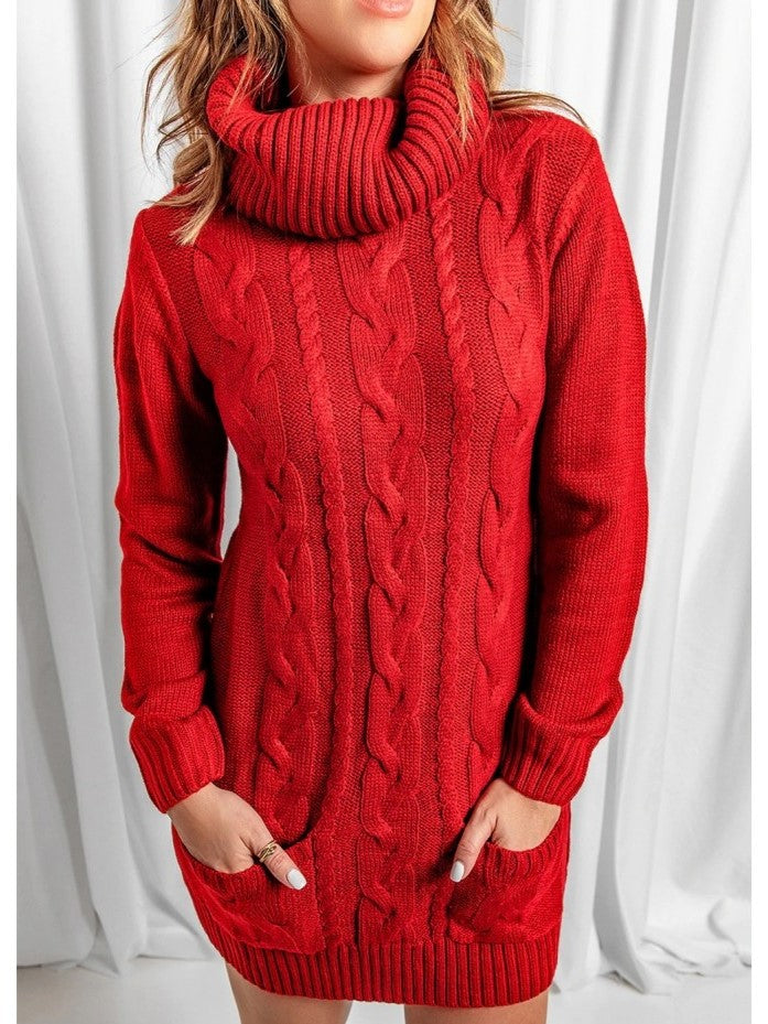 Winter Style Turtle Neck Long Sleeve Red Sweater Dress