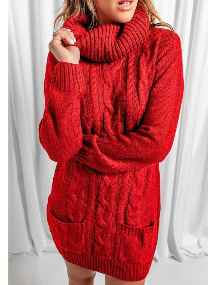 Winter Style Turtle Neck Long Sleeve Red Sweater Dress