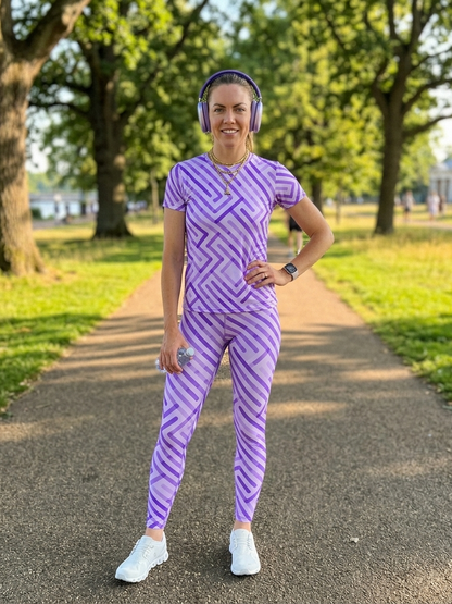 Smart Purple Geometric Print | Activewear Coord Set Tshirt With Tummy Tuck Leggings | Multi Sport | Odour Free