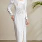 Fabulous Square Collar Slit Slim Flower Decor Long Sleeve White Party Dress
