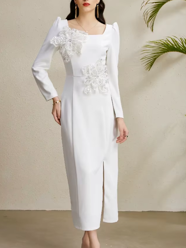 Fabulous Square Collar Slit Slim Flower Decor Long Sleeve White Party Dress