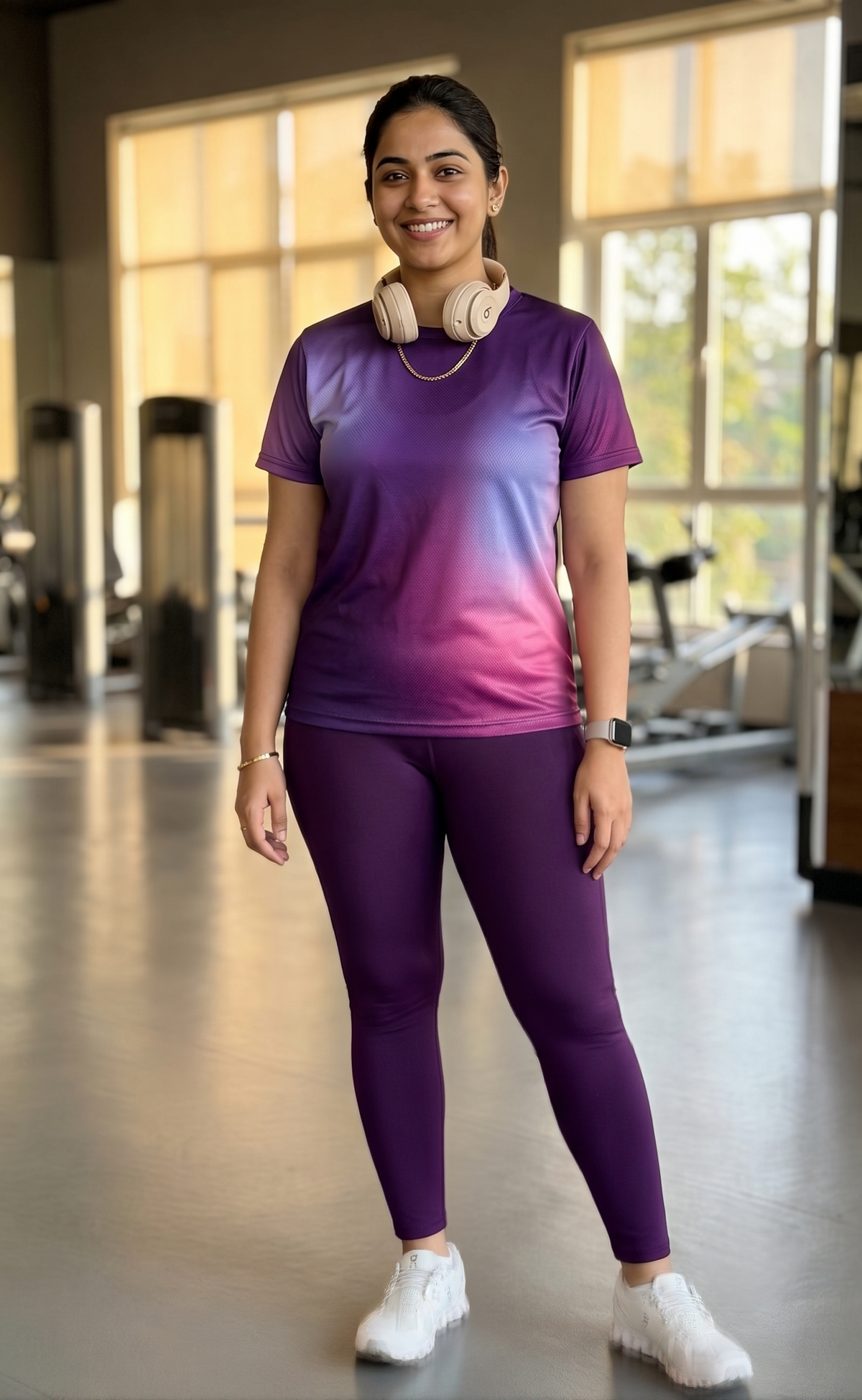 Radiant Abstract Print | Activewear Coord Set Tshirt With Tummy Tuck Purple Leggings | Multi Sport | Odour Free