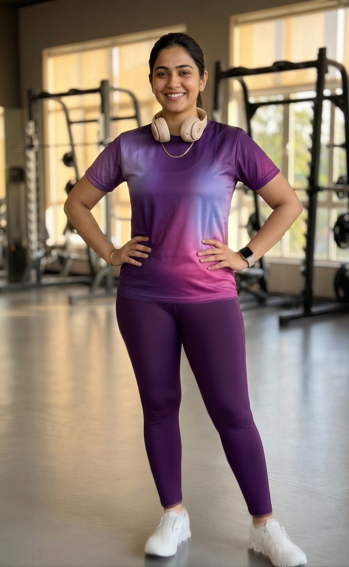 Radiant Abstract Print | Activewear Coord Set Tshirt With Tummy Tuck Purple Leggings | Multi Sport | Odour Free