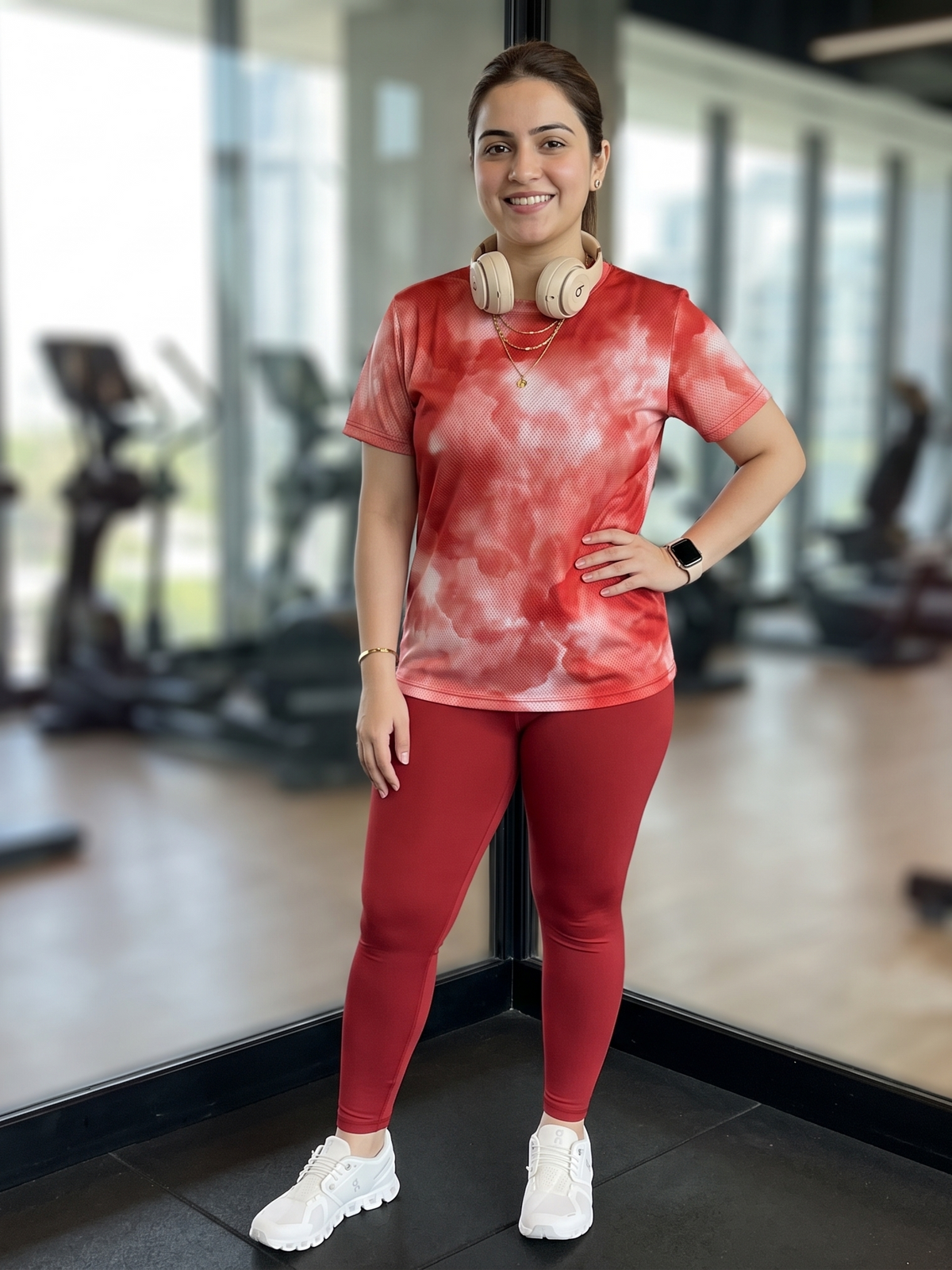 Bright Abstract Print | Activewear Coord Set Tshirt With Tummy Tuck Red Leggings | Multi Sport | Odour Free