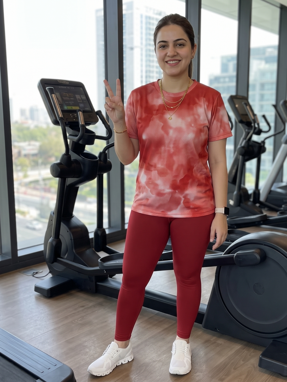 Bright Abstract Print | Activewear Coord Set Tshirt With Tummy Tuck Red Leggings | Multi Sport | Odour Free