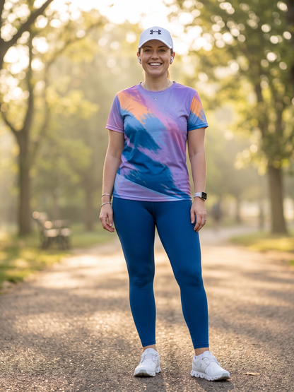 Upbeat Abstract Print | Activewear Coord Set Tshirt With Tummy Tuck Blue Leggings | Multi Sport | Odour Free