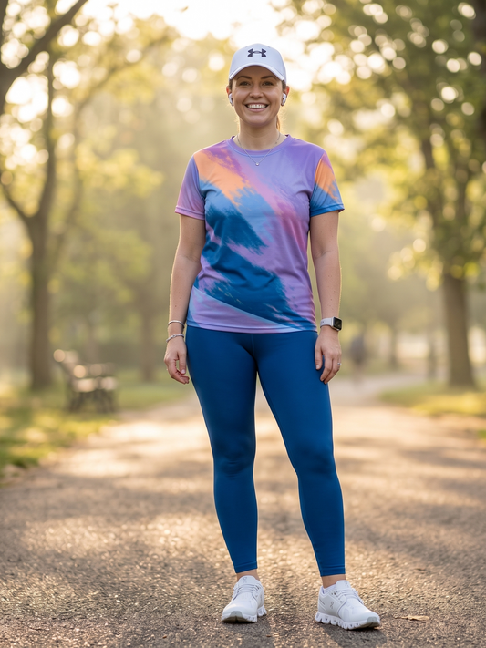 Upbeat Abstract Print | Activewear Coord Set Tshirt With Tummy Tuck Blue Leggings | Multi Sport | Odour Free