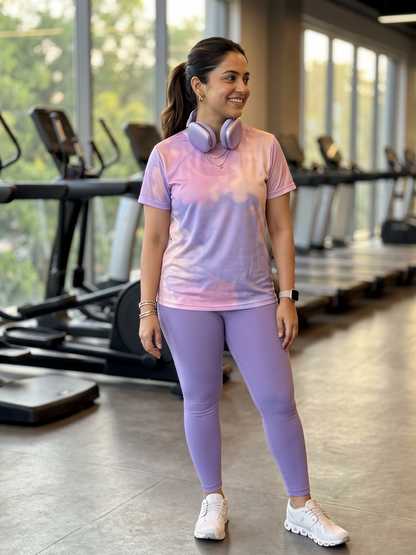 Calm Abstract Print | Activewear Coord Set Tshirt With Tummy Tuck Purple Leggings | Multi Sport | Odour Free
