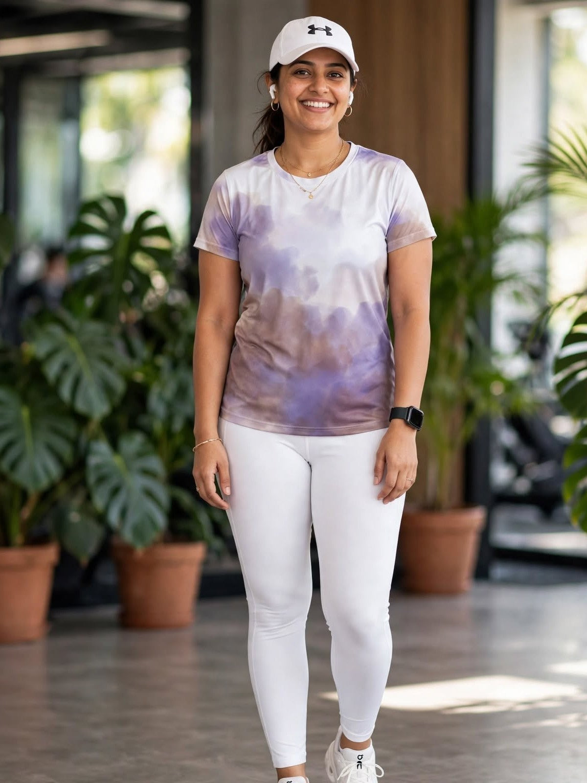 Must Have Abstract Print | Activewear Coord Set Tshirt With Tummy Tuck White Leggings | Multi Sport | Odour Free