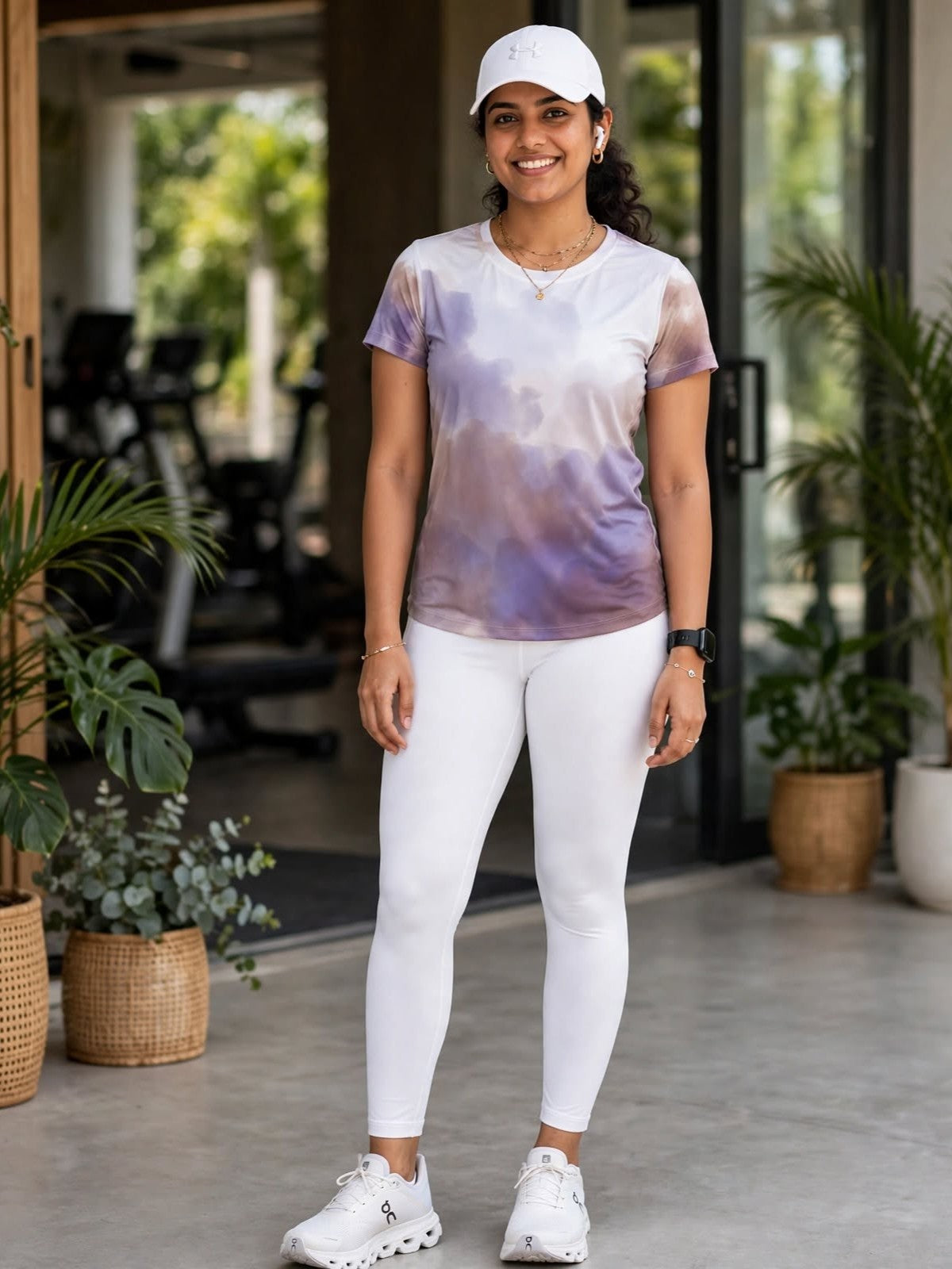 Must Have Abstract Print | Activewear Coord Set Tshirt With Tummy Tuck White Leggings | Multi Sport | Odour Free