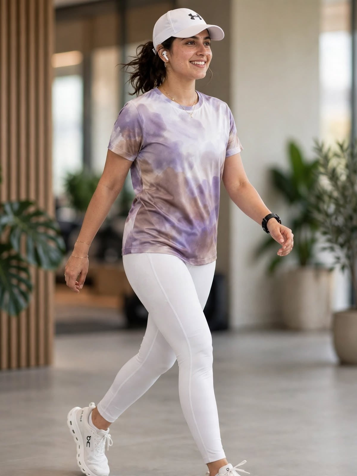 Must Have Abstract Print | Activewear Coord Set Tshirt With Tummy Tuck White Leggings | Multi Sport | Odour Free