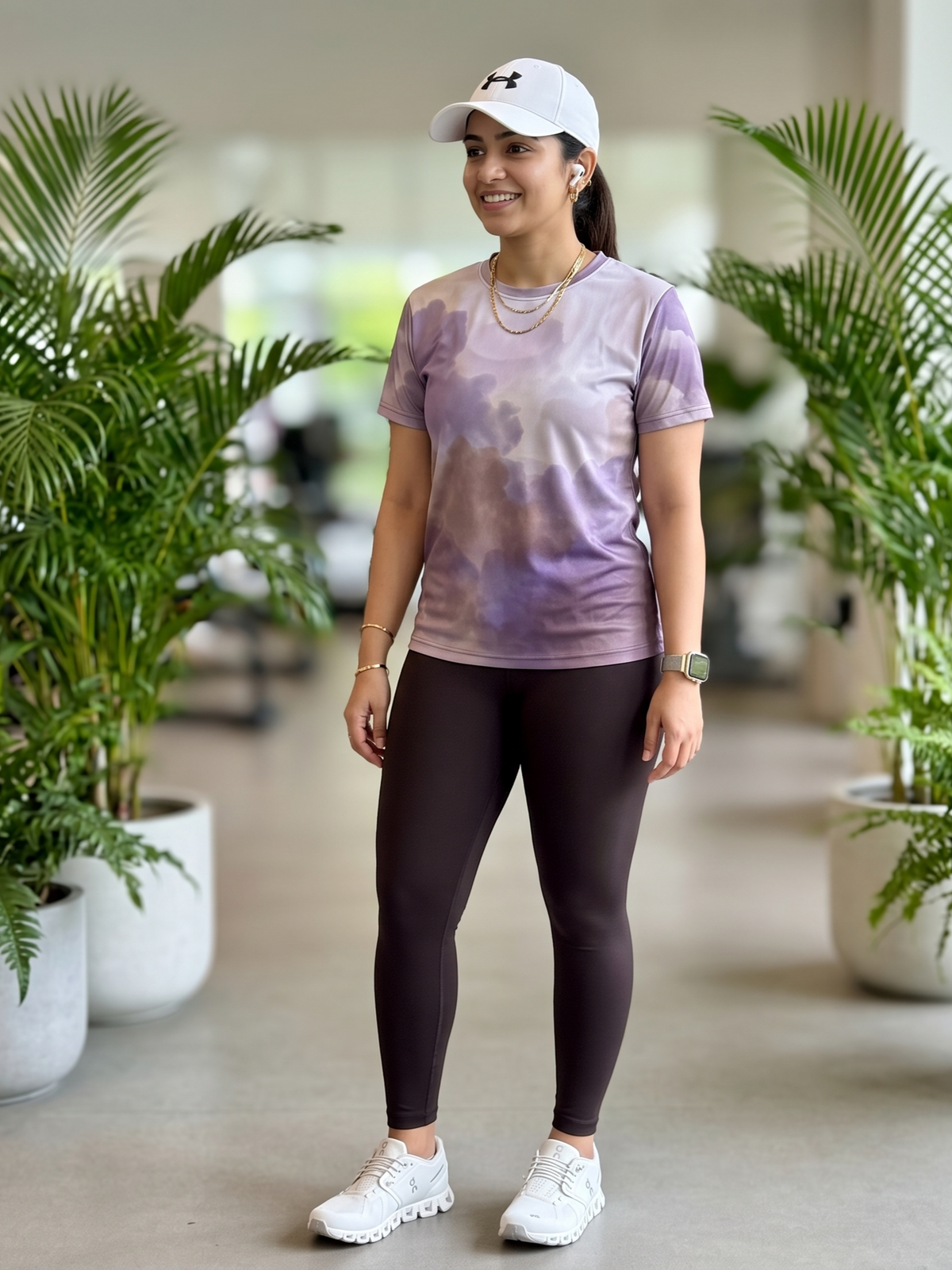 Comforting Abstract Print | Activewear Coord Set Tshirt With Tummy Tuck Brown Leggings | Multi Sport | Odour Free