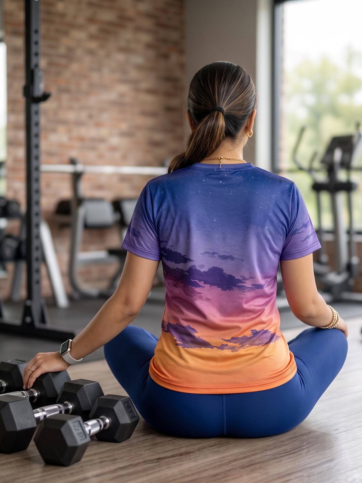 Beautiful Sky Print | Activewear Coord Set Tshirt With Tummy Tuck Blue Leggings | Multi Sport | Odour Free