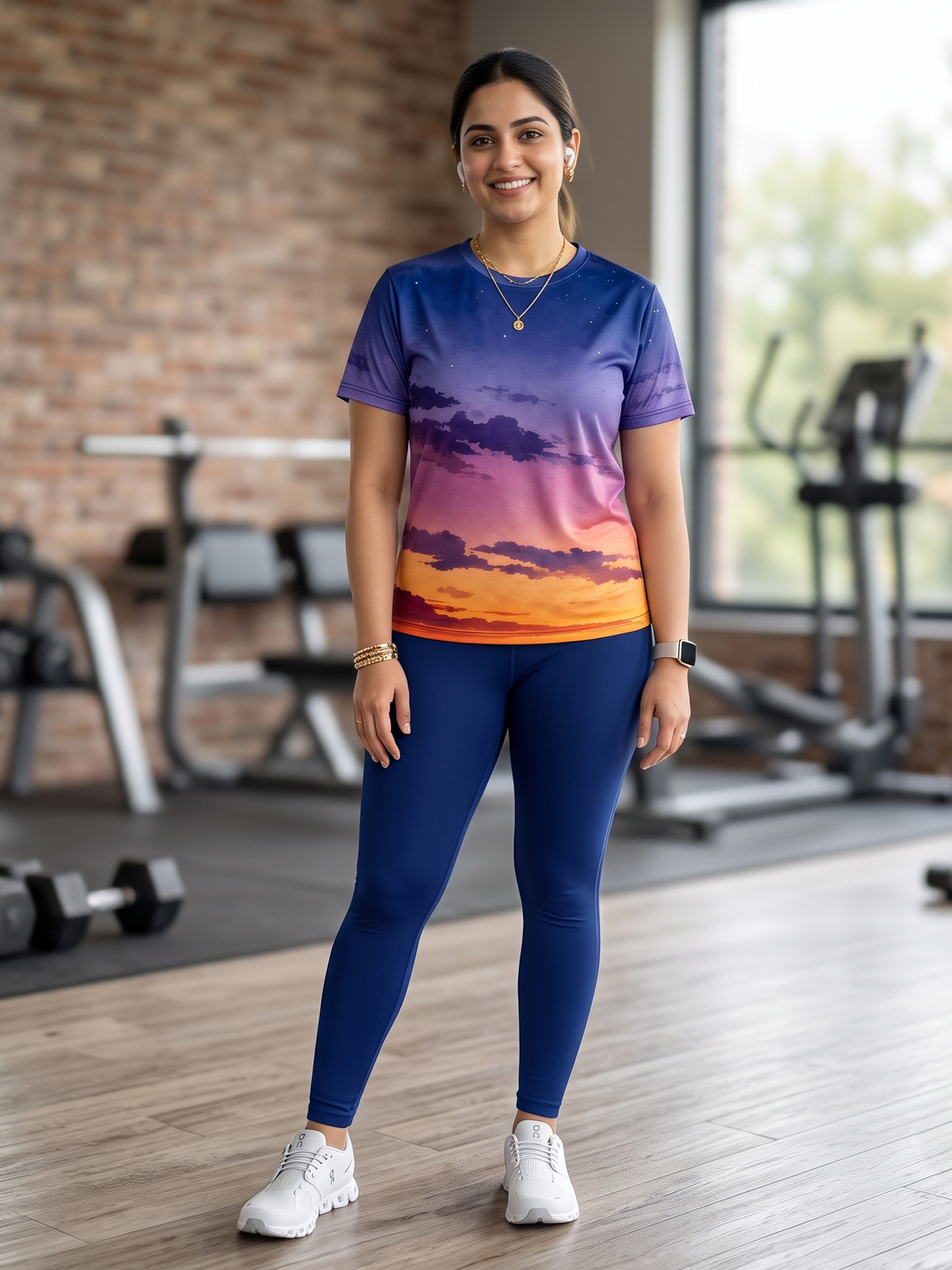 Beautiful Sky Print | Activewear Coord Set Tshirt With Tummy Tuck Blue Leggings | Multi Sport | Odour Free