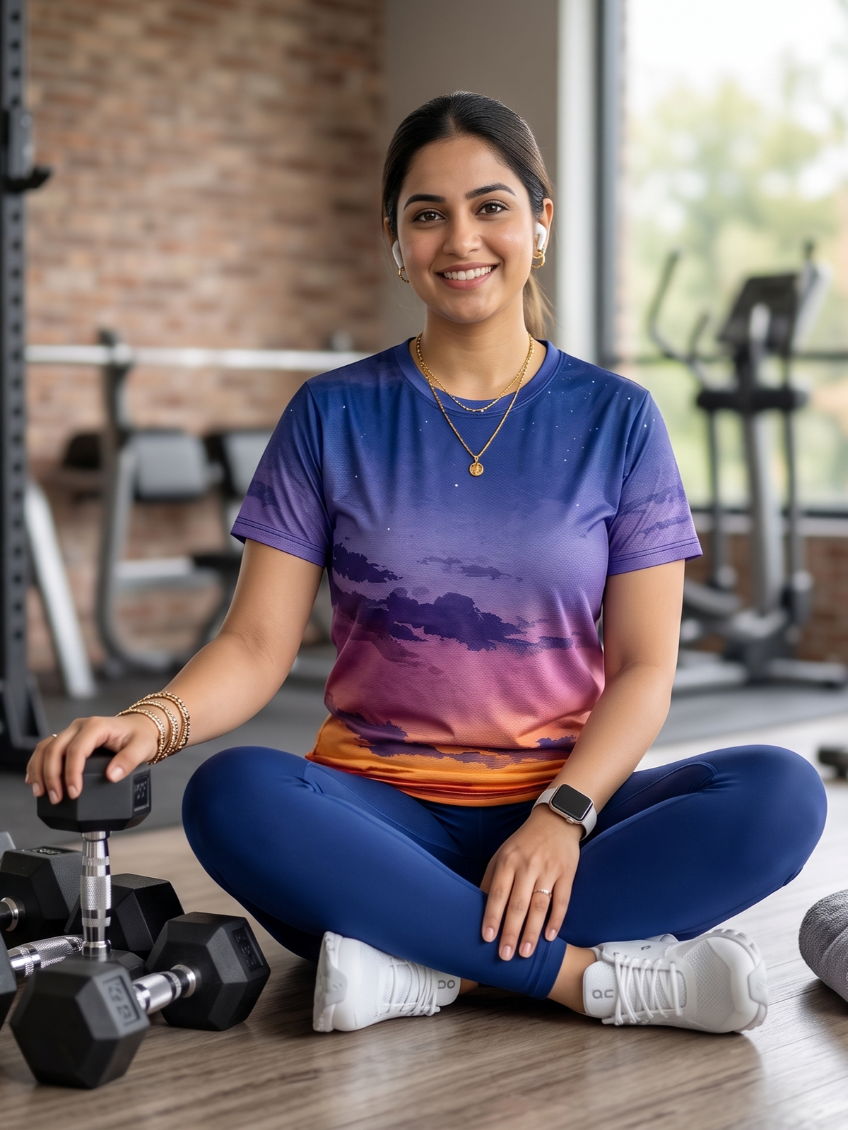 Beautiful Sky Print | Activewear Coord Set Tshirt With Tummy Tuck Blue Leggings | Multi Sport | Odour Free