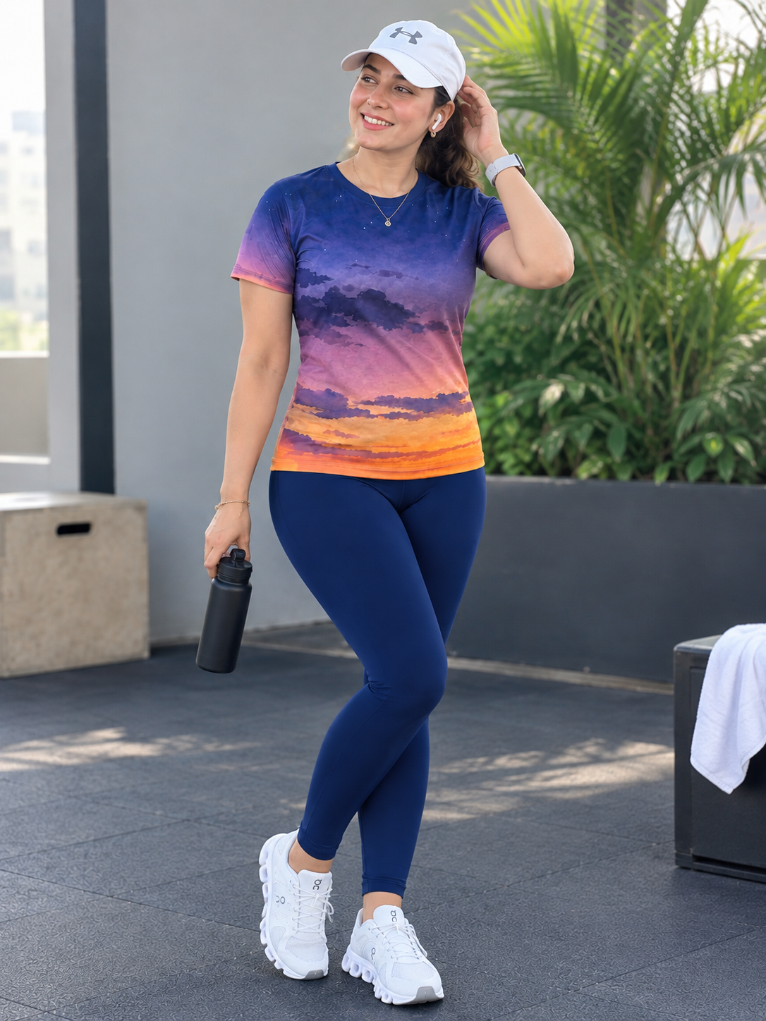 Beautiful Sky Print | Activewear Coord Set Tshirt With Tummy Tuck Blue Leggings | Multi Sport | Odour Free