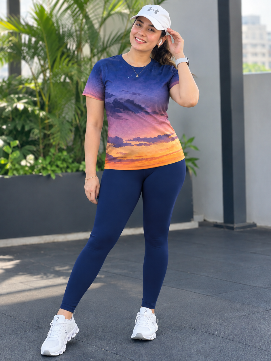 Beautiful Sky Print | Activewear Coord Set Tshirt With Tummy Tuck Blue Leggings | Multi Sport | Odour Free