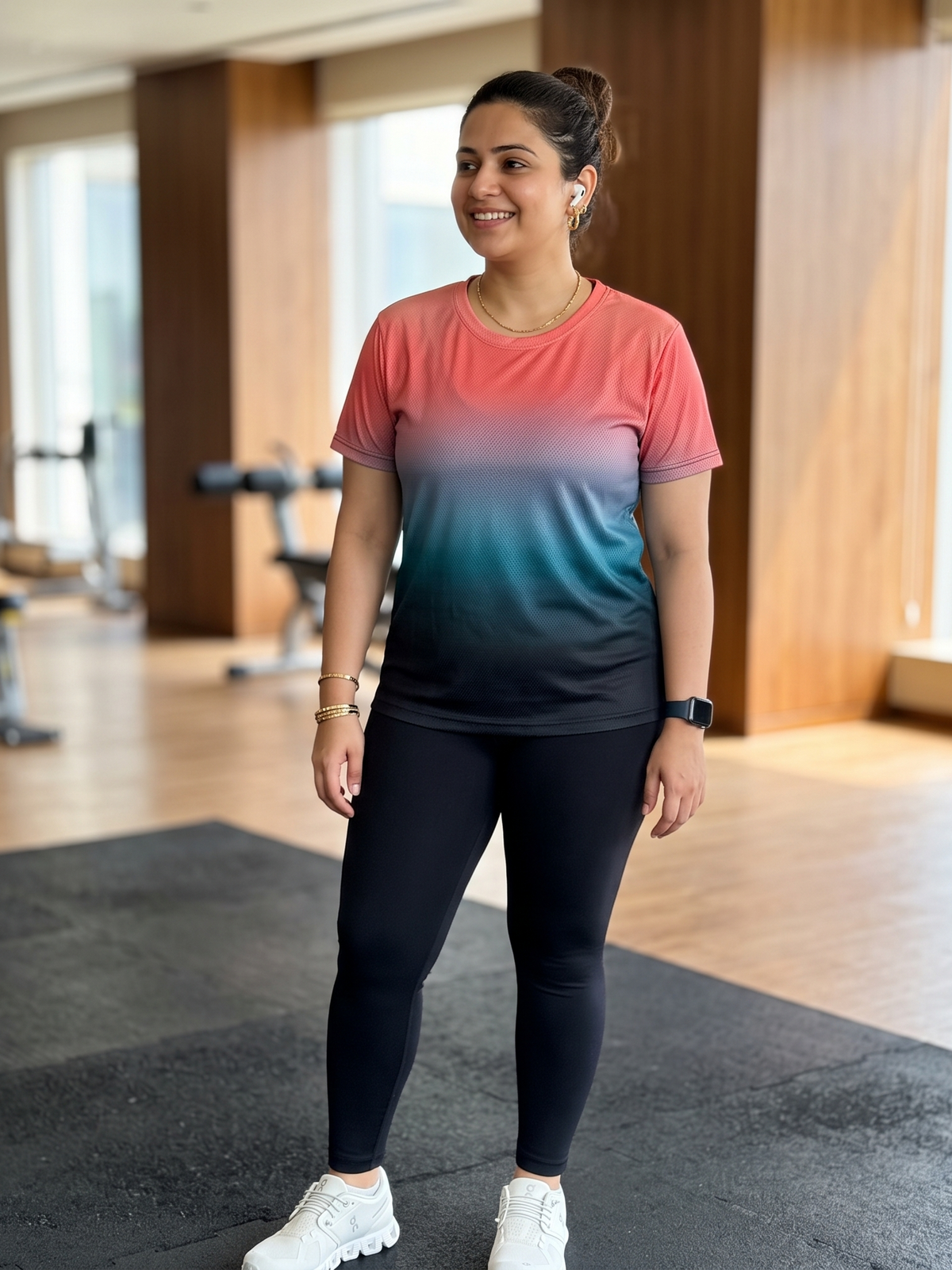 Attractive Gradient Print | Activewear Coord Set Tshirt With Tummy Tuck Black Leggings | Multi Sport | Odour Free