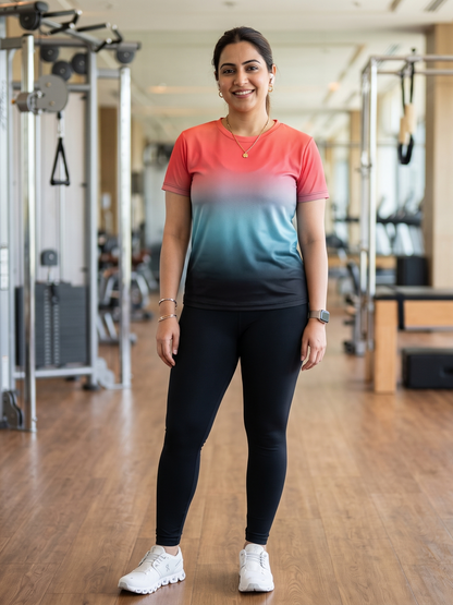 Attractive Gradient Print | Activewear Coord Set Tshirt With Tummy Tuck Black Leggings | Multi Sport | Odour Free