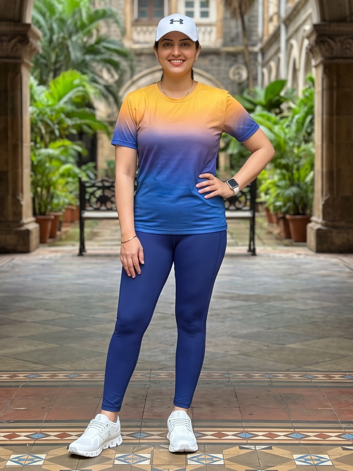 Stunning Gradient Print | Activewear Coord Set Tshirt With Tummy Tuck Blue Leggings | Multi Sport | Odour Free