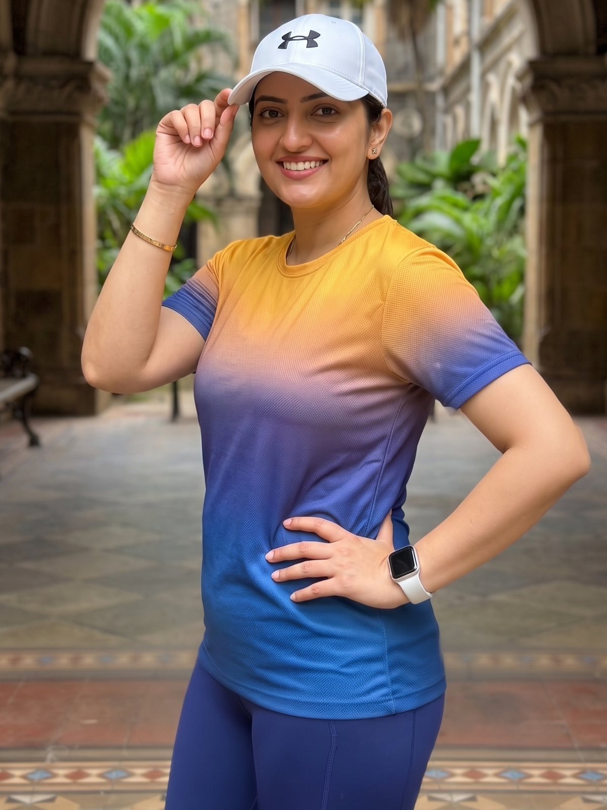 Stunning Gradient Print | Activewear Coord Set Tshirt With Tummy Tuck Blue Leggings | Multi Sport | Odour Free