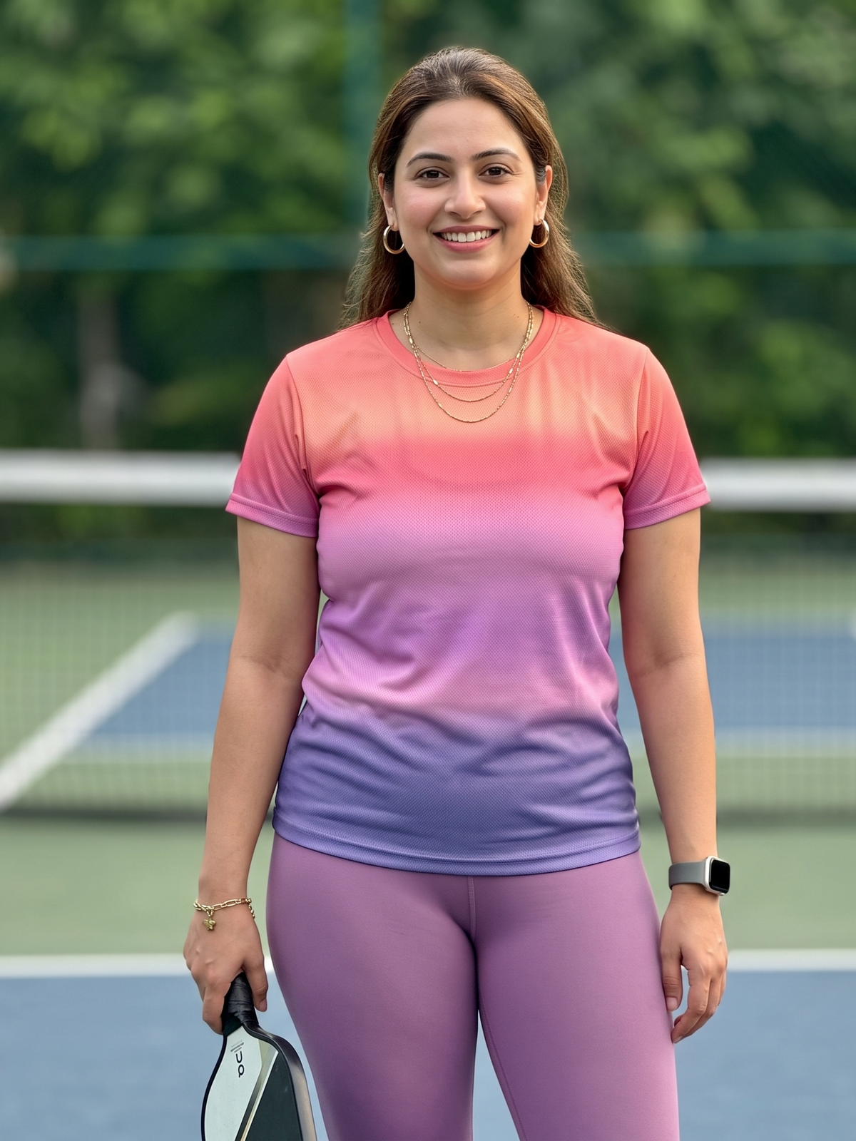 Charming Gradient Print | Activewear Coord Set Tshirt With Tummy Tuck Purple Leggings | Multi Sport | Odour Free