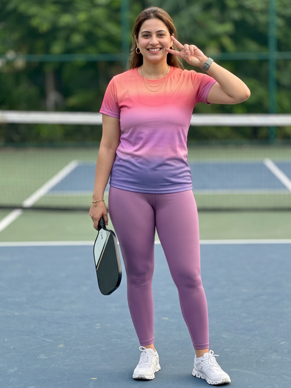 Charming Gradient Print | Activewear Coord Set Tshirt With Tummy Tuck Purple Leggings | Multi Sport | Odour Free