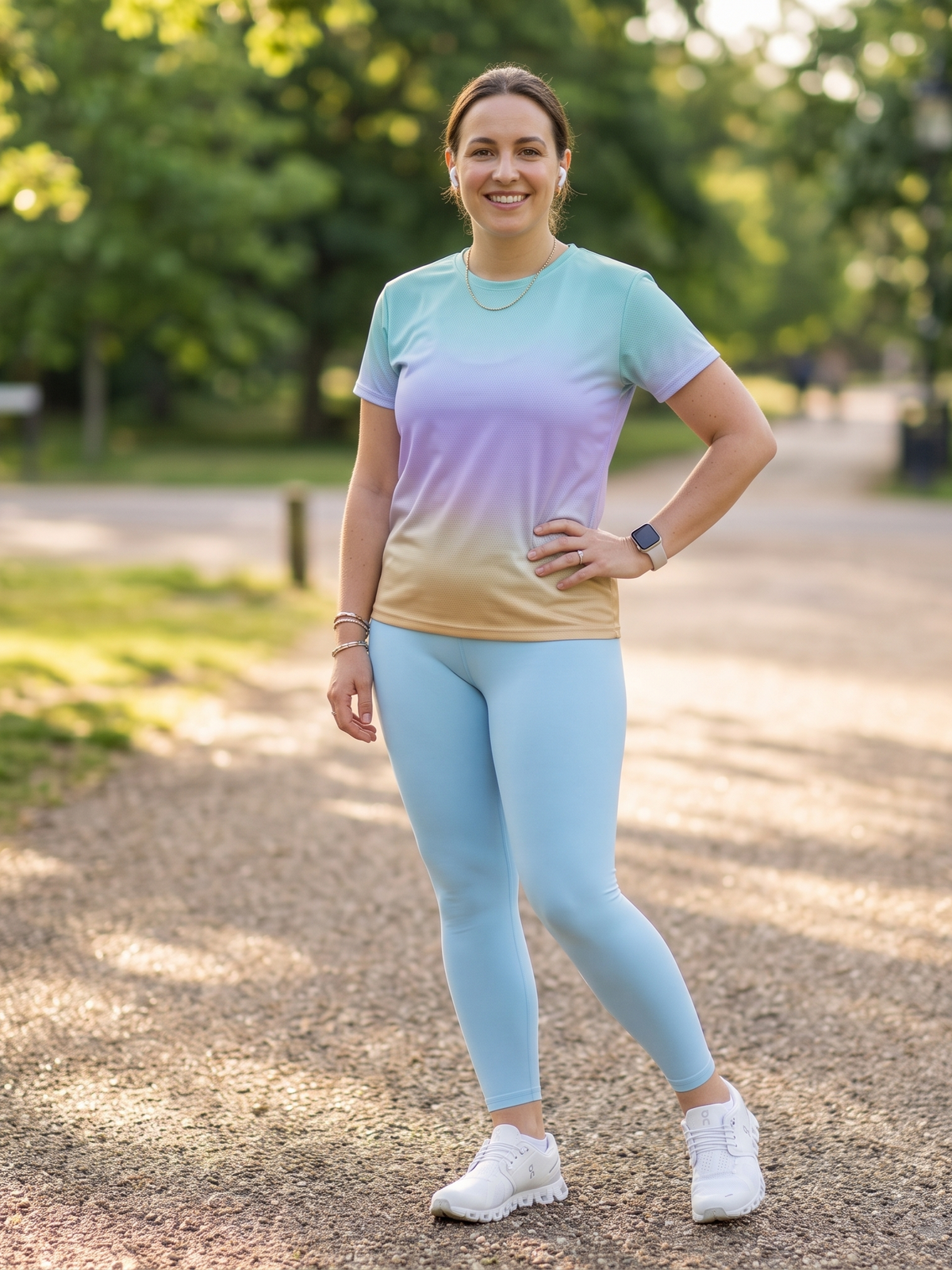 Pretty Pastel Gradient Print | Activewear Coord Set Tshirt With Tummy Tuck Blue Leggings | Multi Sport | Odour Free
