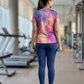 Bright Abstract Print | Activewear Coord Set Tshirt With Tummy Tuck Blue Leggings | Multi Sport | Odour Free