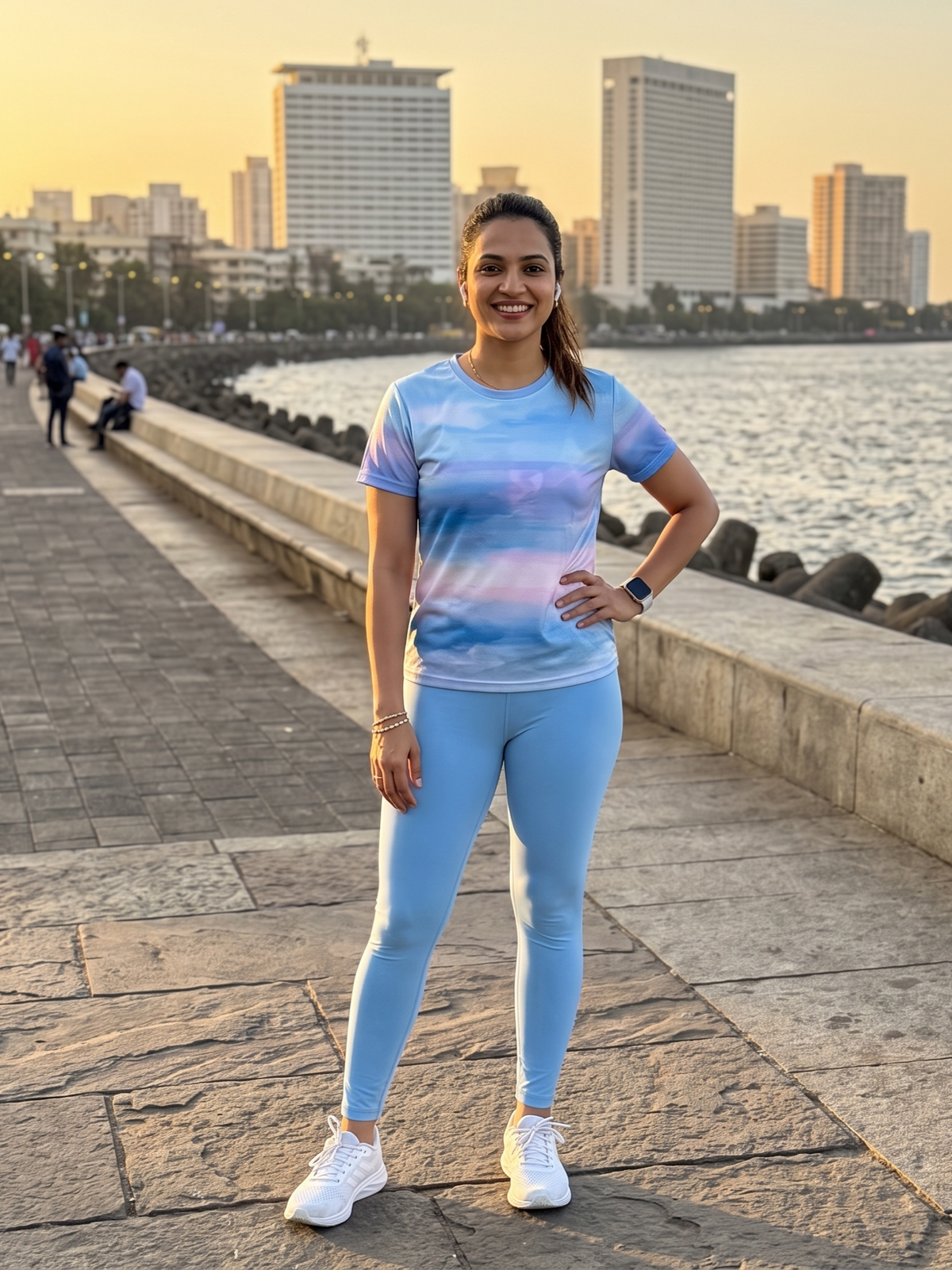 Balmy Abstract Print | Activewear Coord Set Tshirt With Tummy Tuck Blue Leggings | Multi Sport | Odour Free