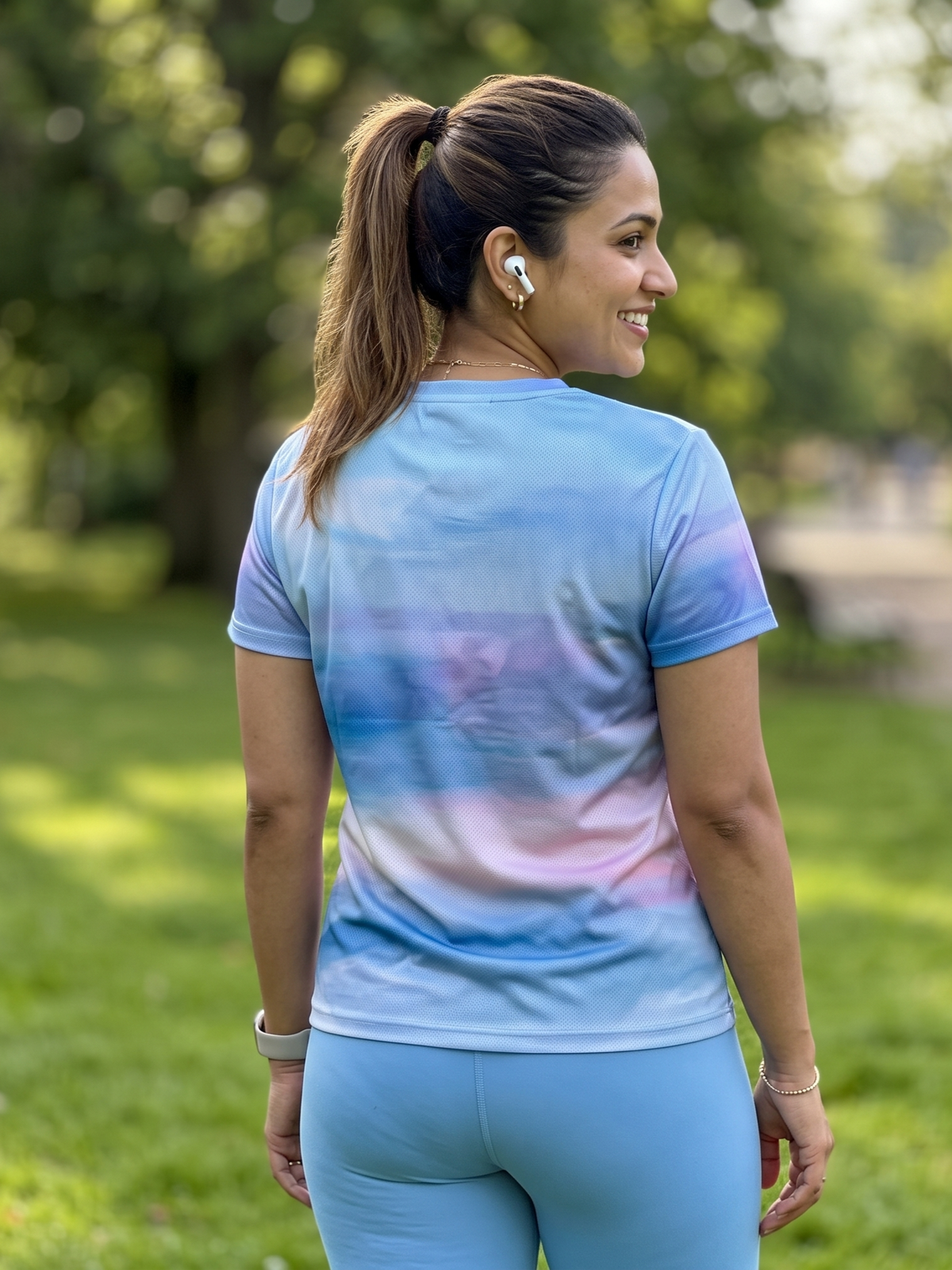 Balmy Abstract Print | Activewear Coord Set Tshirt With Tummy Tuck Blue Leggings | Multi Sport | Odour Free