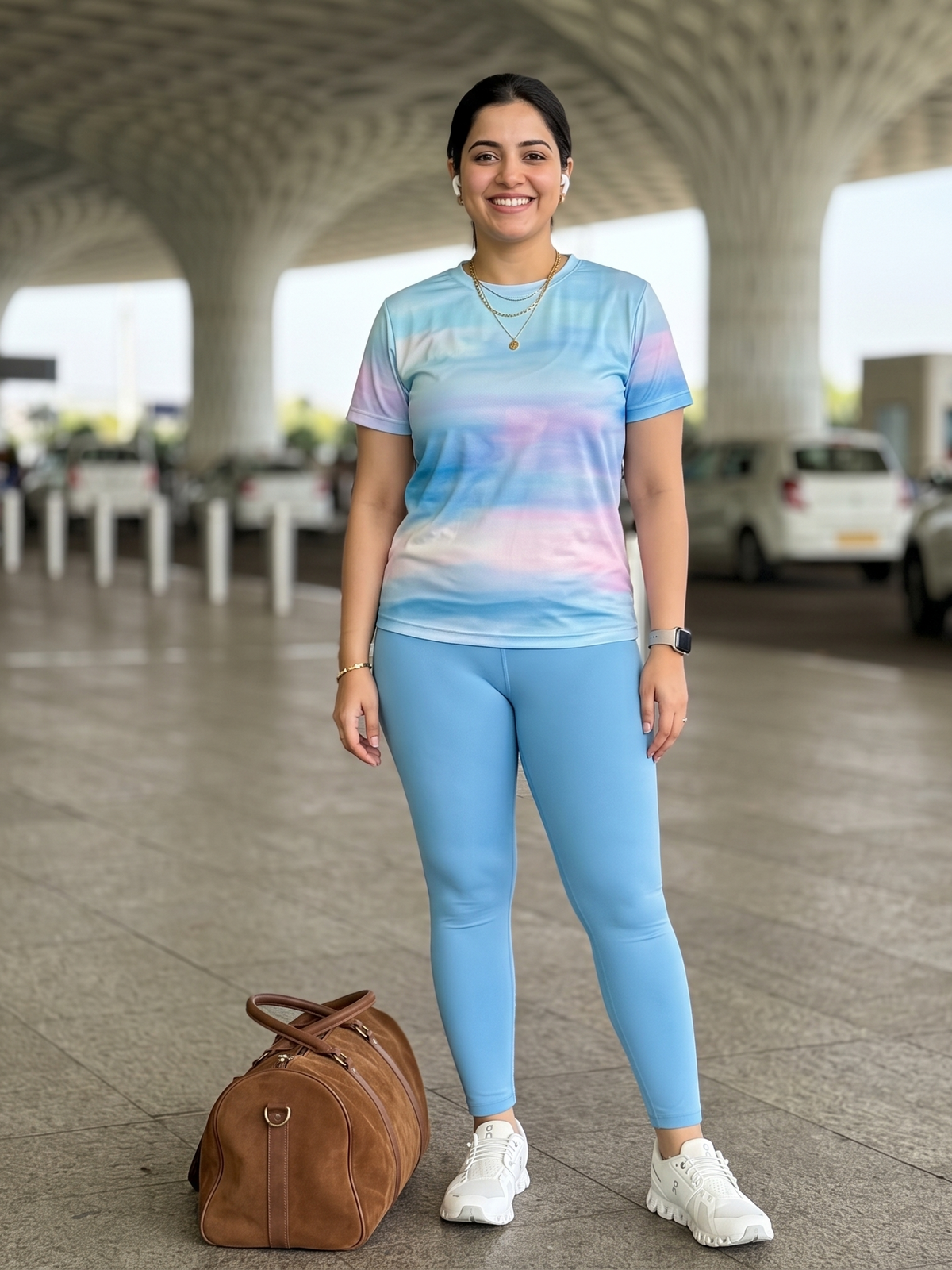 Balmy Abstract Print | Activewear Coord Set Tshirt With Tummy Tuck Blue Leggings | Multi Sport | Odour Free