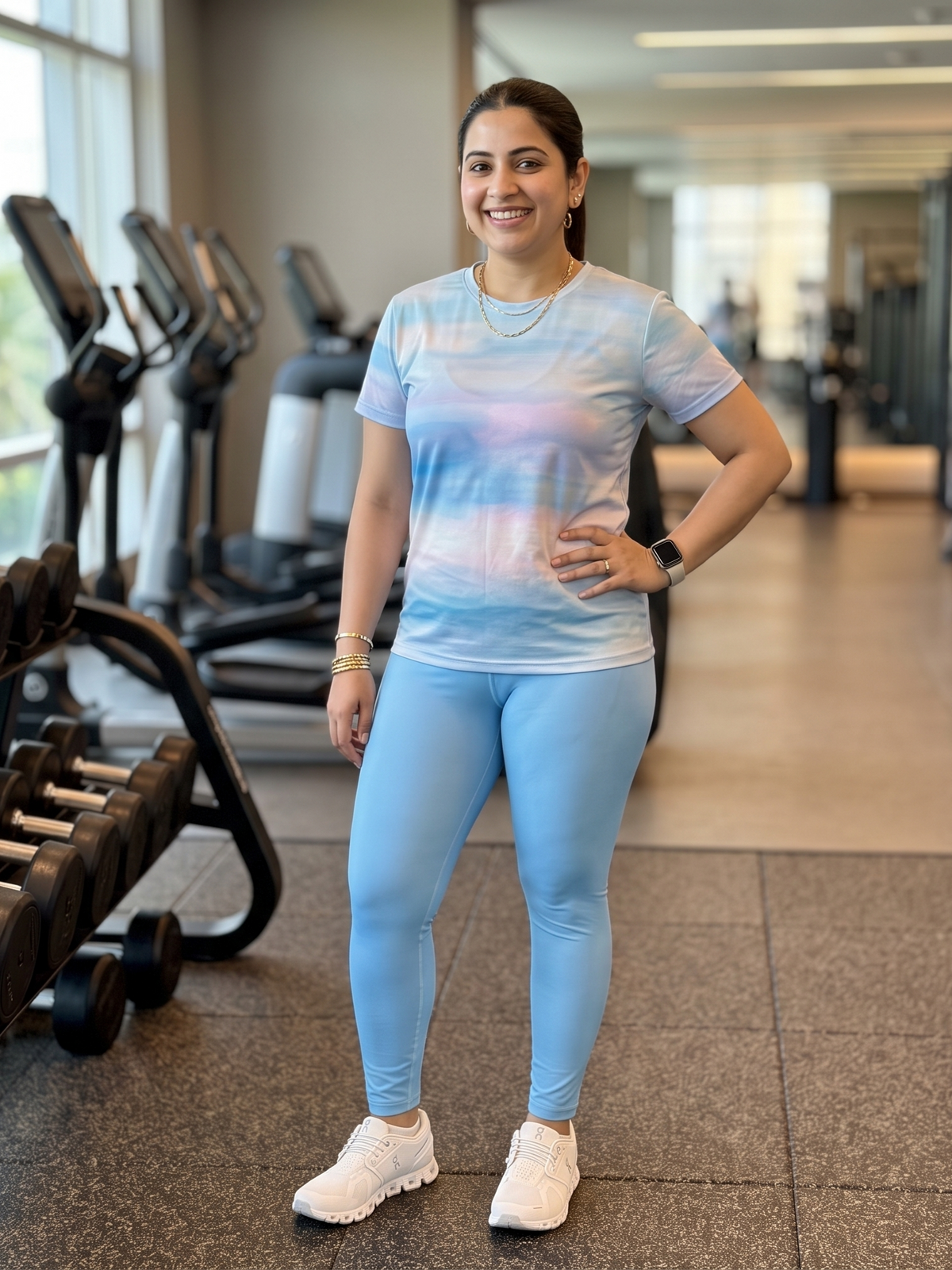 Balmy Abstract Print | Activewear Coord Set Tshirt With Tummy Tuck Blue Leggings | Multi Sport | Odour Free