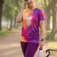 Vivid Abstract Print | Activewear Coord Set Tshirt With Tummy Tuck Purple Leggings | Multi Sport | Odour Free