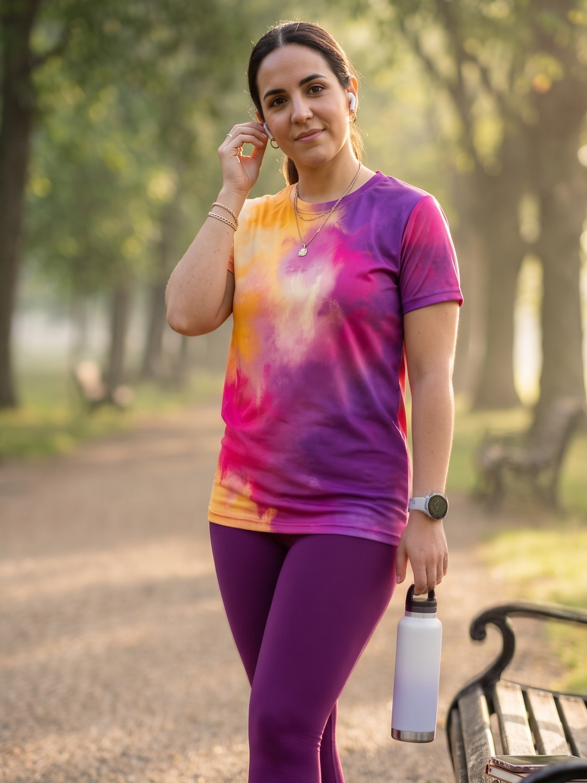 Vivid Abstract Print | Activewear Coord Set Tshirt With Tummy Tuck Purple Leggings | Multi Sport | Odour Free