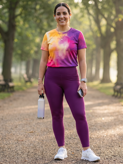 Vivid Abstract Print | Activewear Coord Set Tshirt With Tummy Tuck Purple Leggings | Multi Sport | Odour Free