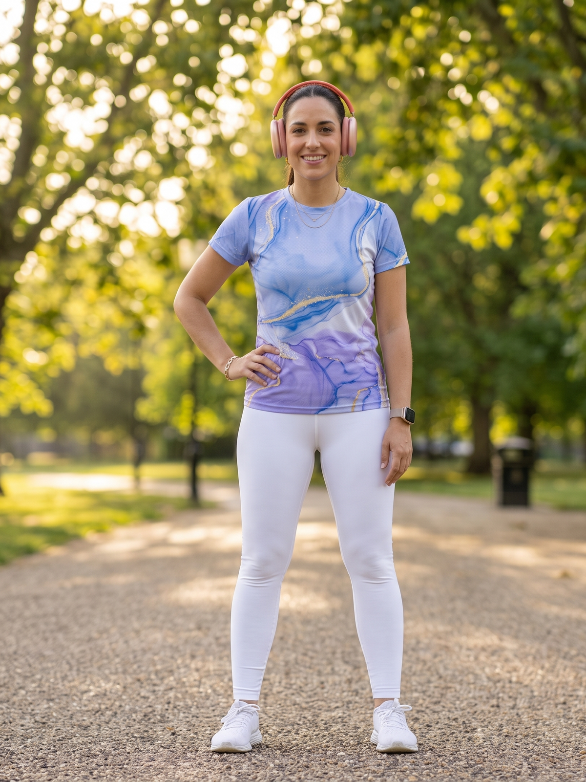 Tranquil Fluid Art Print | Activewear Coord Set Tshirt With Tummy Tuck White Leggings | Multi Sport | Odour Free