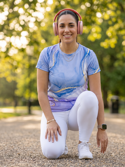Tranquil Fluid Art Print | Activewear Coord Set Tshirt With Tummy Tuck White Leggings | Multi Sport | Odour Free