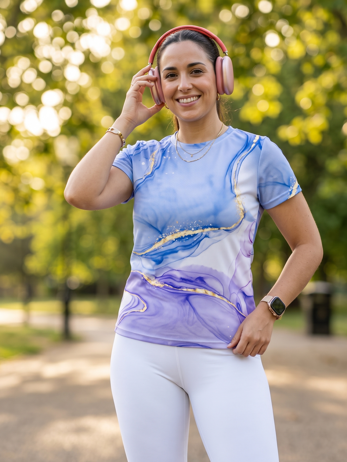 Tranquil Fluid Art Print | Activewear Coord Set Tshirt With Tummy Tuck White Leggings | Multi Sport | Odour Free