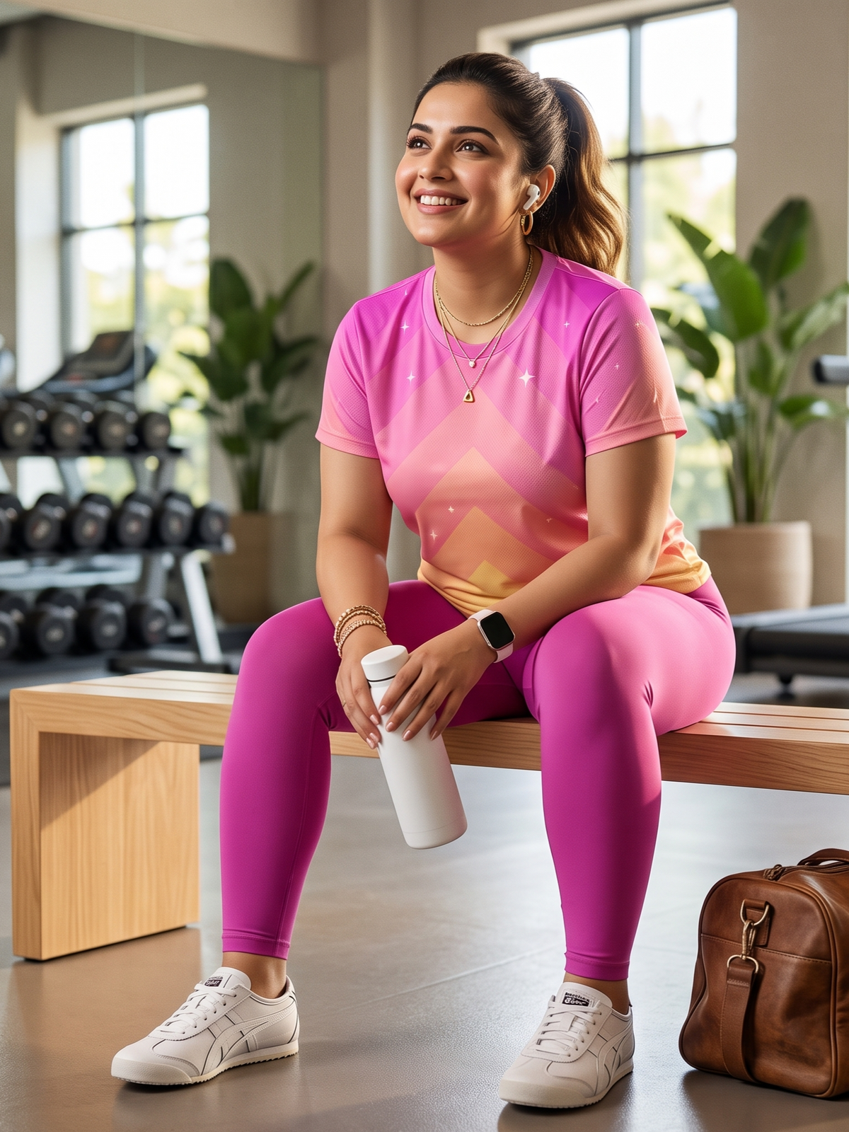 Beaming Chevron Print | Activewear Coord Set Tshirt With Tummy Tuck Pink Leggings | Multi Sport | Odour Free