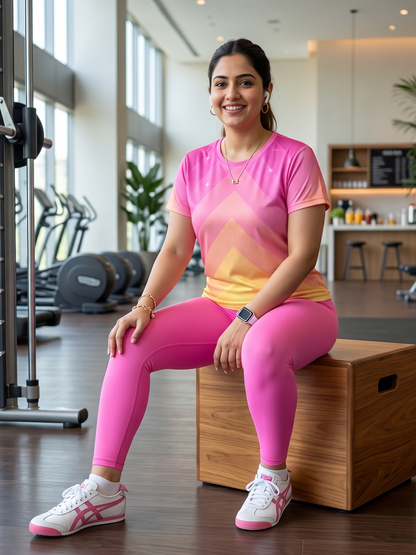 Beaming Chevron Print | Activewear Coord Set Tshirt With Tummy Tuck Pink Leggings | Multi Sport | Odour Free