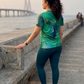 Lovely Fluid Art Print | Activewear Coord Set Tshirt With Tummy Tuck Green Leggings | Multi Sport | Odour Free