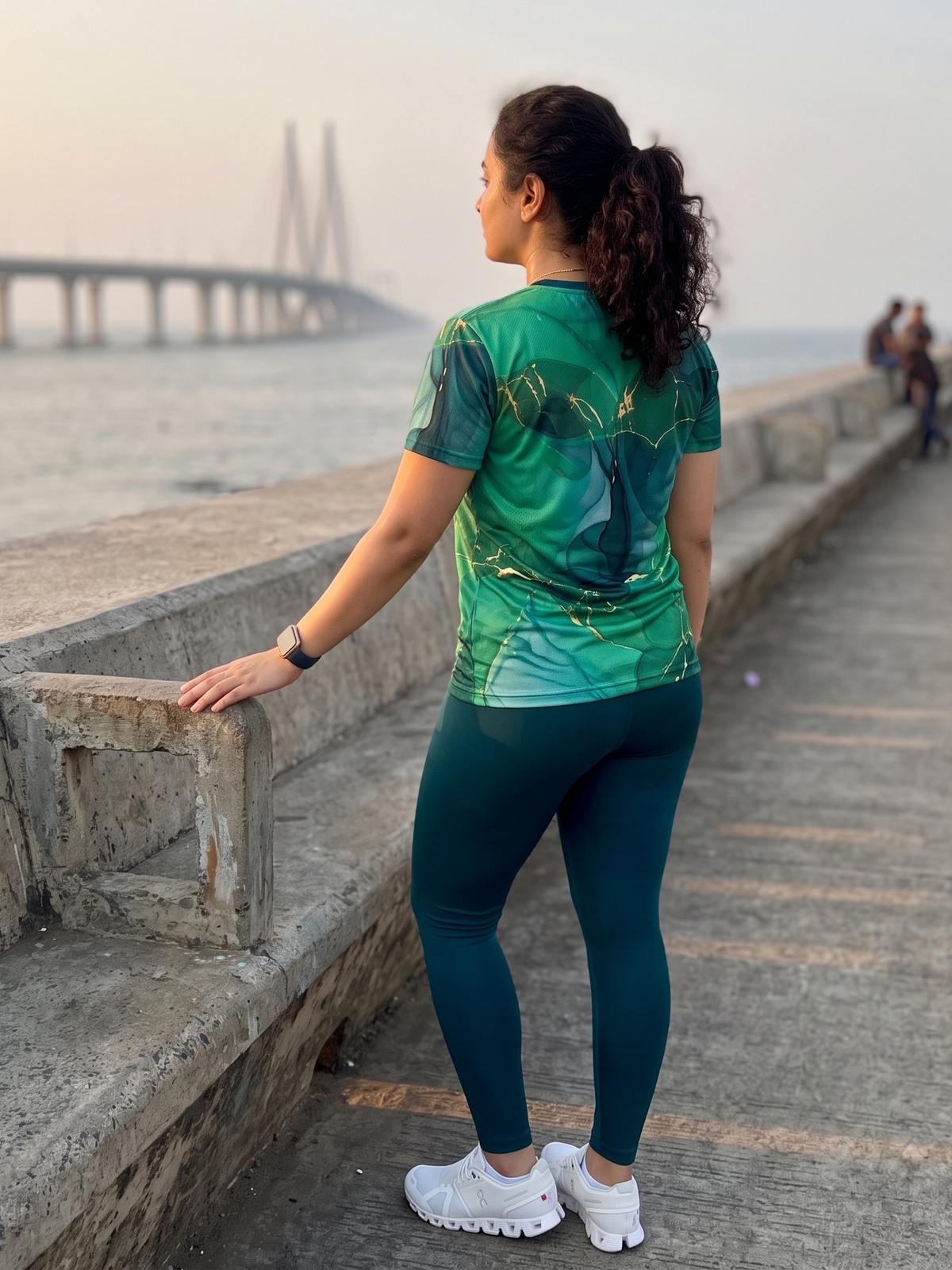 Lovely Fluid Art Print | Activewear Coord Set Tshirt With Tummy Tuck Green Leggings | Multi Sport | Odour Free