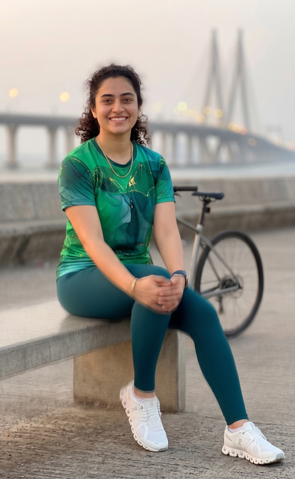 Lovely Fluid Art Print | Activewear Coord Set Tshirt With Tummy Tuck Green Leggings | Multi Sport | Odour Free